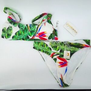 NWT TiniBikini Swimwear Set Top Bottom Palm Leaves Leaf Floral Island Ribbed XL